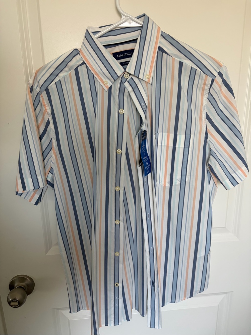 Nautica Men’s Short-Sleeve Stripe Button-Down Shirt - Light Blue/White/Peach